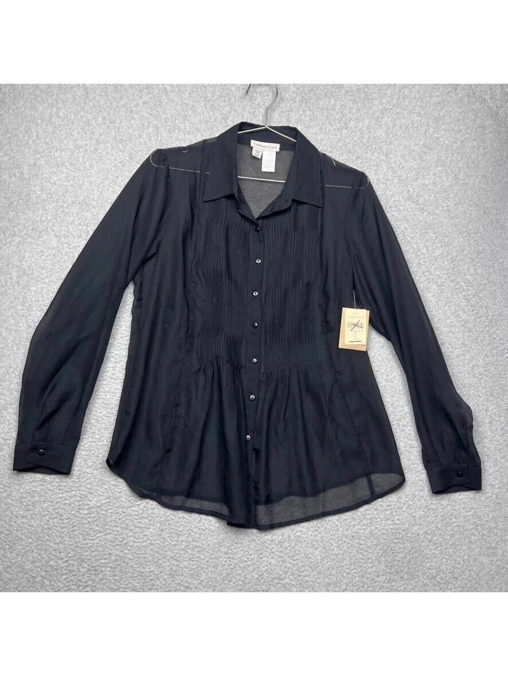NWT Coldwater Creek Black Sheer Pintuck Pleated Button Down Tuxedo Blouse Top XS